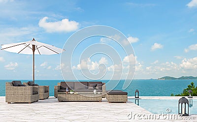 Outdoor pool terrace living area 3d render Stock Photo