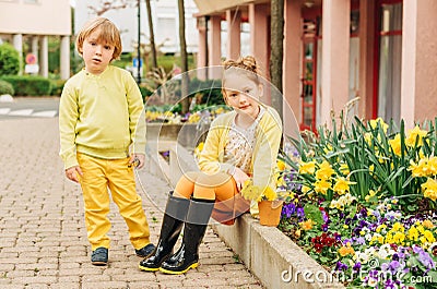 Outdoor portrait of adorable fashion kids Stock Photo