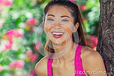 Beautiful Chinese Asian Young Woman Girl Laughing WIth Perfect Teeth Stock Photo