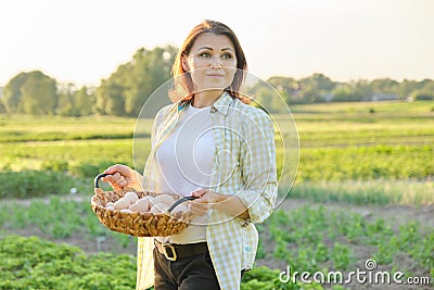Outdoor portrait of farmer woman with basket of fresh chicken eggs, farm Stock Photo