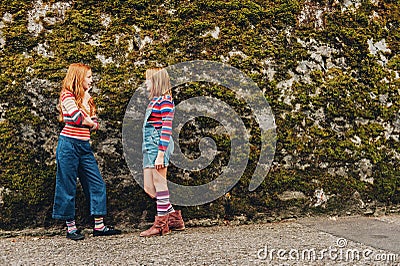 Outdoor portrait of two funny preteen girls Stock Photo