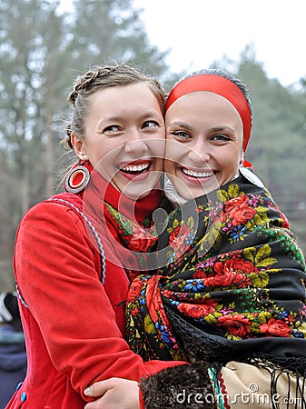 Outdoor portrait of two young ukrainian women Stock Photo