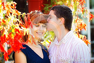 Outdoor portrait of young sensual couple. Love and kiss. Summer Stock Photo