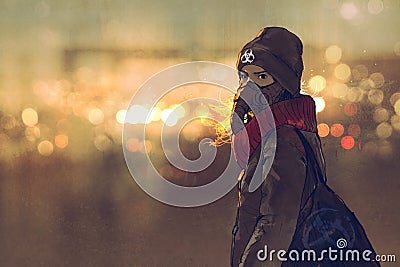 Outdoor portrait of young woman with gas mask in winter with bokeh light on background Cartoon Illustration