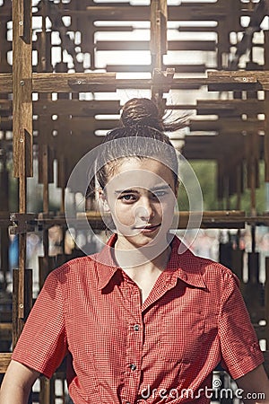 Portrait of a young woman with topknot Stock Photo