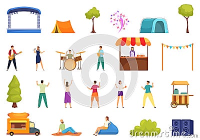 Outdoor public party performance icons set cartoon vector. Festival rock Vector Illustration