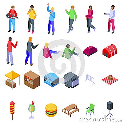 Outdoor public party performance icons set isometric vector. Air live concert Vector Illustration