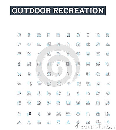 Outdoor recreation vector line icons set. Hiking, Camping, Swimming, Kayaking, Fishing, Climbing, Sailing illustration Vector Illustration