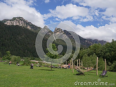 Outdoor Relax Area near San Vigiliio Marebbe in the Greenery of the Fanes - Sennes - Braies Nature Park, Alpi Mountains, Italy Stock Photo