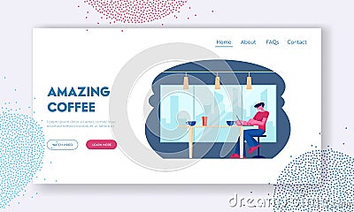 Outdoor Relax Website Landing Page. Young Male Freelancer Sitting Front Open Laptop Computer in Cafe Vector Illustration