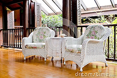 Outdoor rest area with white nice armchair sofa, Stock Photo