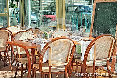 Outdoor restaurant in Menton, France. Stock Photo