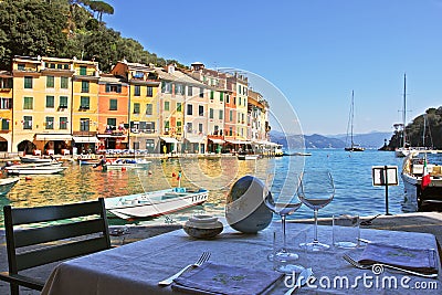 Outdoor restaurant in Portofino. Stock Photo