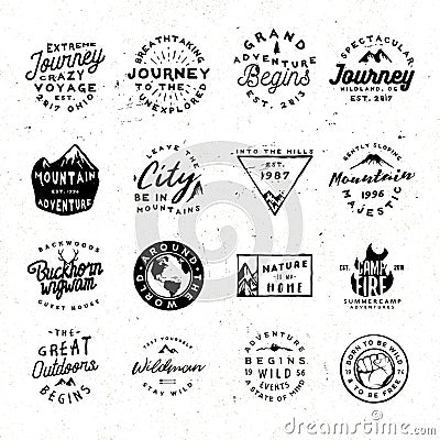 Outdoor retro logos bundle. Vector adventure logos pack with rough and distressed effect Vector Illustration