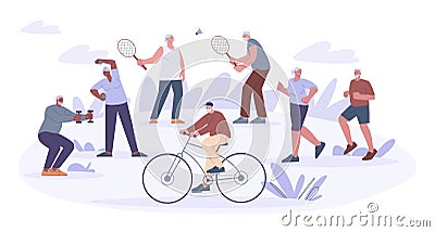 Outdoor seniors sport training, cycling and exercising. Senior grandma and old persons fitness activity. Grandparent Vector Illustration