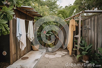 outdoor shower with clothesline and towels for after beach days Stock Photo