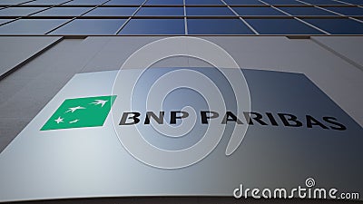 Outdoor signage board with BNP Paribas logo. Modern office building. Editorial 3D rendering Editorial Stock Photo