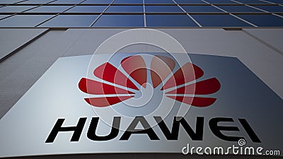 Outdoor signage board with Huawei logo. Modern office building. Editorial 3D rendering Editorial Stock Photo