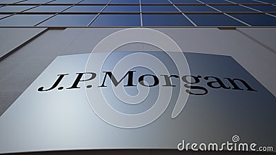 Outdoor signage board with J.P. Morgan logo. Modern office building. Editorial 3D rendering Editorial Stock Photo