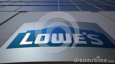 Outdoor signage board with Lowe`s logo. Modern office building. Editorial 3D rendering Editorial Stock Photo