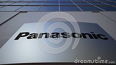 Outdoor signage board with Panasonic Corporation logo. Modern office building. Editorial 3D rendering Editorial Stock Photo
