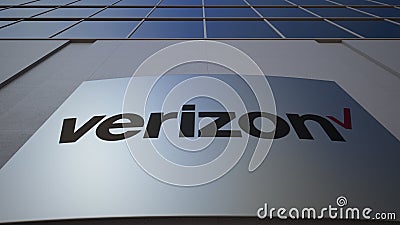 Outdoor signage board with Verizon Communications logo. Modern office building. Editorial 3D rendering Editorial Stock Photo