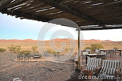 Outdoor sitting area with a desert landscape Stock Photo