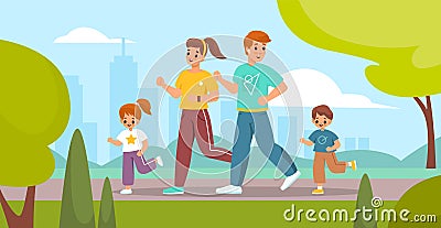 Outdoor sport activity. Happy family on park jogging, parents and children engaged running, mother father and kids Vector Illustration