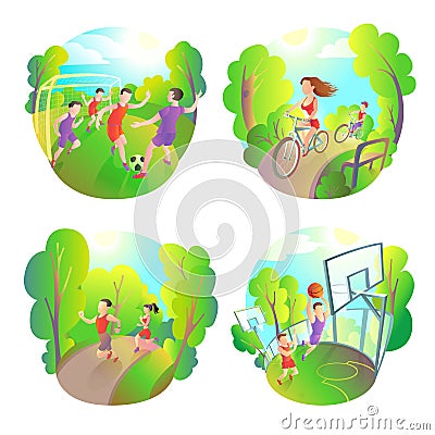 Outdoor sports. Football, running, basketball and cycling. Active Life Fitness Vector Illustration