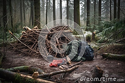 outdoor sports gear tornado in the forest, with broken branches and fallen trees Stock Photo