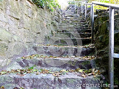 Outdoor staircase made of natural stones with a slight curve full of autumn leaves Stock Photo