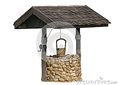 Outdoor Stone and Wood Water-Well on white background, isolated Water-well with roof and wooden bucket with rope Stock Photo