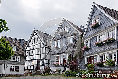Traditional German wooden townhouses around Neviges Church in Velbert, Germany. Editorial Stock Photo