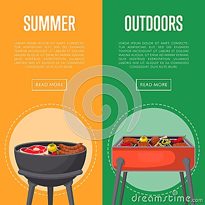 Outdoor summer picnic flyers with meats on bbq Vector Illustration