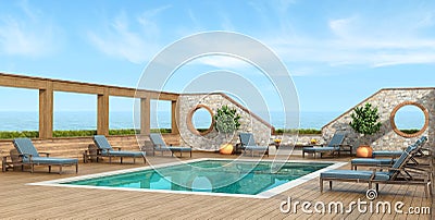 Outdoor summer swimming pool near the sea in a sunny day Stock Photo