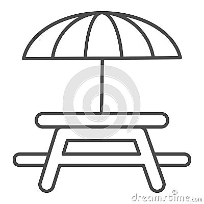 Outdoor table with umbrella thin line icon, picnic concept, Camping Table sign on white background, Table and chair Vector Illustration