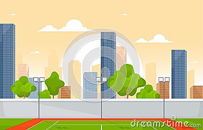 Outdoor Tennis Court Sport Game Recreation Cartoon City Landscape Vector Illustration