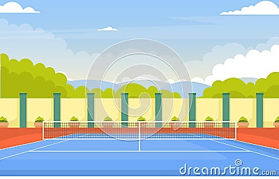 Outdoor Tennis Court Sport Game Recreation Cartoon Nature Landscape Vector Illustration