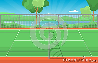 Outdoor Tennis Court Sport Game Recreation Cartoon Nature Landscape Vector Illustration