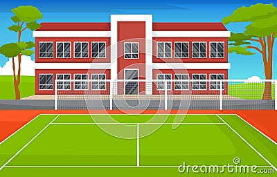 Outdoor Tennis Court Sport Game Recreation Cartoon School Hotel Landscape Vector Illustration