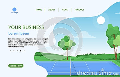 Outdoor Tennis Court Sport Game Recreation Landing Page Web Template Vector Illustration