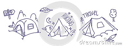 Outdoor tents hand drawn set. Tenting doodle collection. hiking and camping sketch Vector Illustration