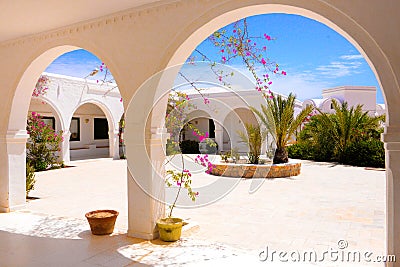 Outdoor Terrace, Djerba Museum, Pink Bougainvillea Flowers, Tunisia Stock Photo