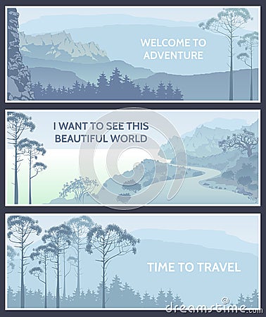 Outdoor thematic banner design with great wild landscapes.Brochure,booklet,card template for product promotion and Vector Illustration