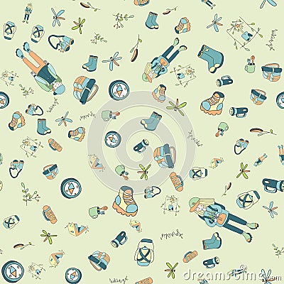 Outdoor theme seamless pattern. Two backpackers, tent, campfire and a variety of camping equipment. Vector Illustration