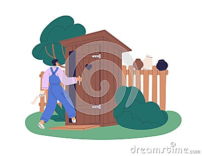 Outdoor toilet, rustic wooden cabin. Person going to outhouse latrine in countryside, nature. Wood lavatory, outside Vector Illustration