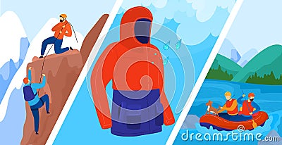 Outdoor tourism vector illustration, cartoon flat jacket with attached hood for sportsman climber tourist, rafting in Vector Illustration