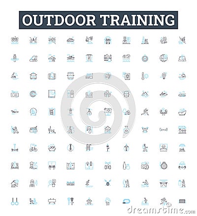 outdoor training vector line icons set. Outdoor, Training, Exercise, Coaching, Adventure, Hiking, Camping illustration Vector Illustration