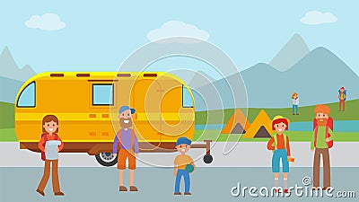 Outdoor travel mobile home, activity character rest natural park flat vector illustration. National forest recreation. Vector Illustration