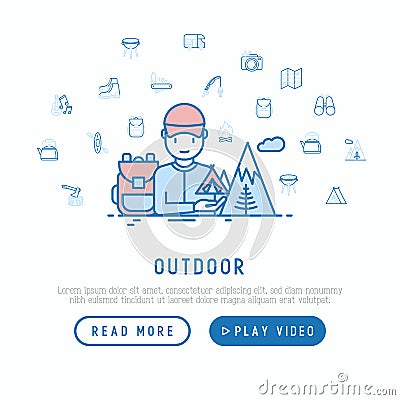 Outdoor: traveller with backpack in mountains Vector Illustration